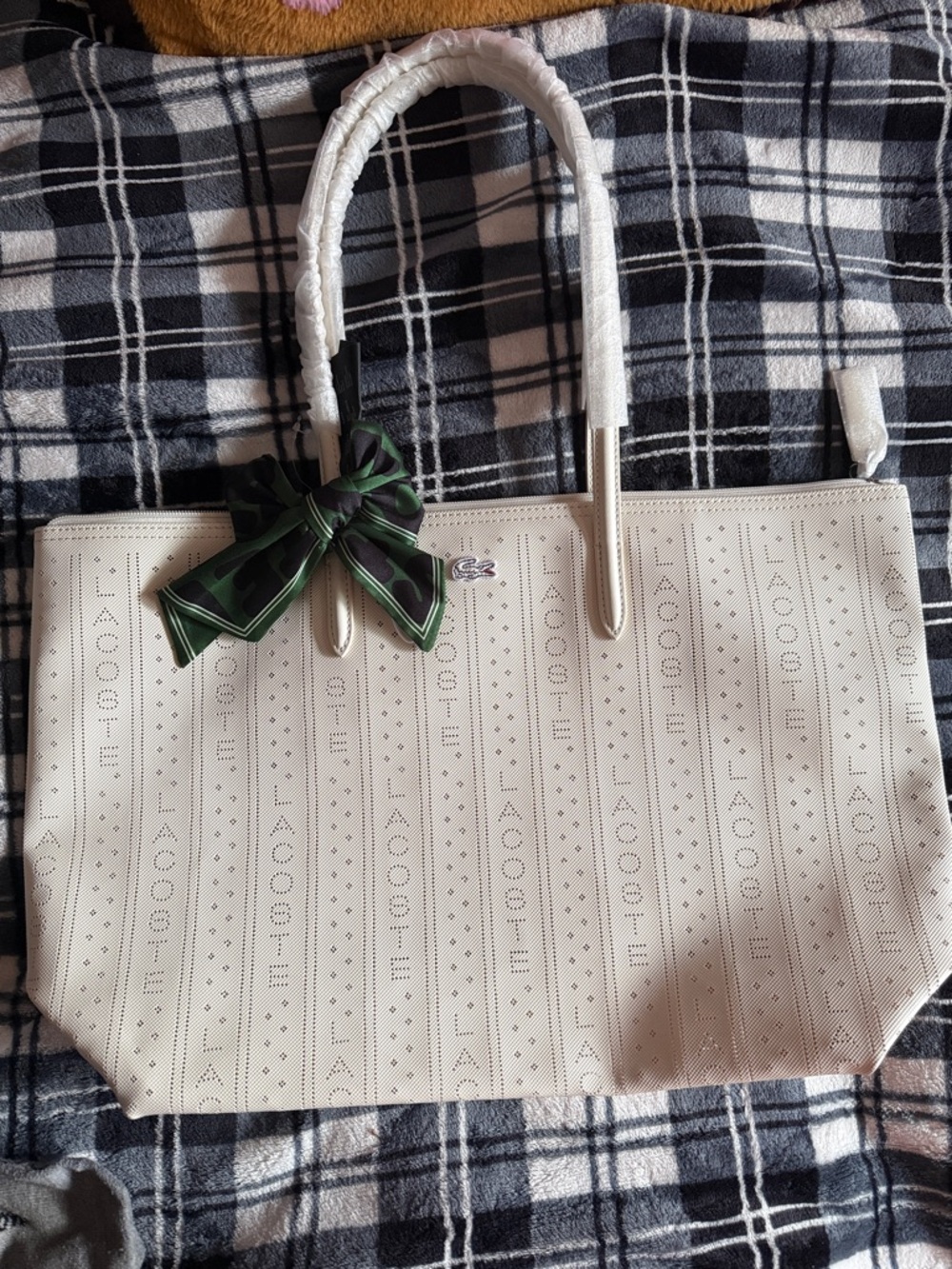Lacoste Cream Perforated Tote with Green Scarf Bow